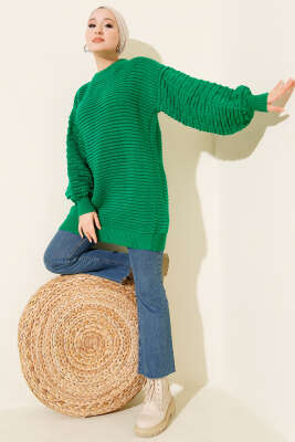 Balon Kol Kabartmalı Triko Tunik Yeşil - RAFİMİX