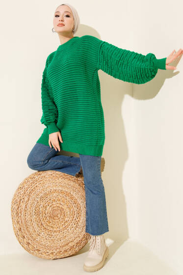 Balon Kol Kabartmalı Triko Tunik Yeşil - Tunik