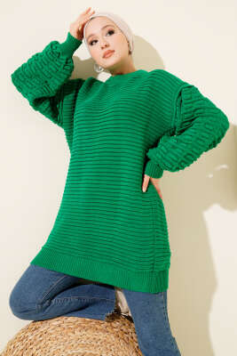 Balon Kol Kabartmalı Triko Tunik Yeşil - Tunik