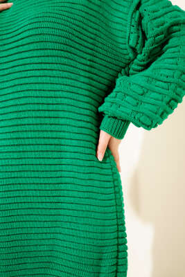 Balon Kol Kabartmalı Triko Tunik Yeşil - Tunik