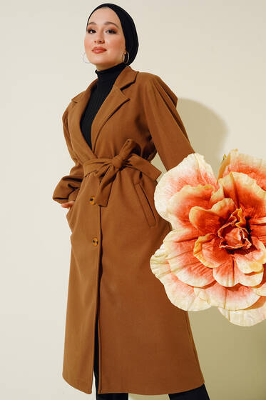 Balon Kol Kaşe Düğmeli Kaban Camel - Kaban