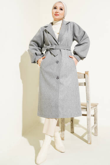 Balon Kol Kaşe Düğmeli Kaban Gri - Kaban