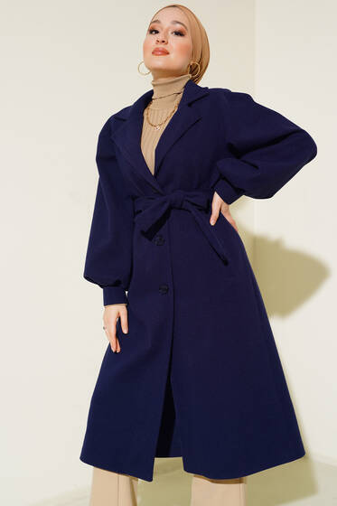 Balon Kol Kaşe Düğmeli Kaban Lacivert - Kaban