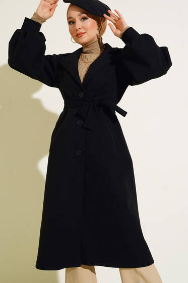 Balon Kol Kaşe Düğmeli Kaban Siyah - Kaban