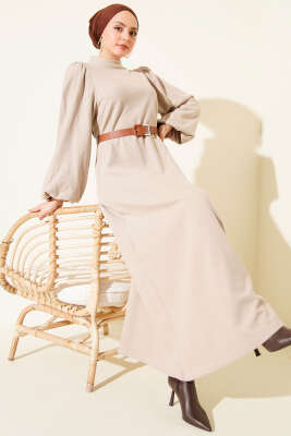 Balon Kol Kemerli Basic Elbise Bej - SAS