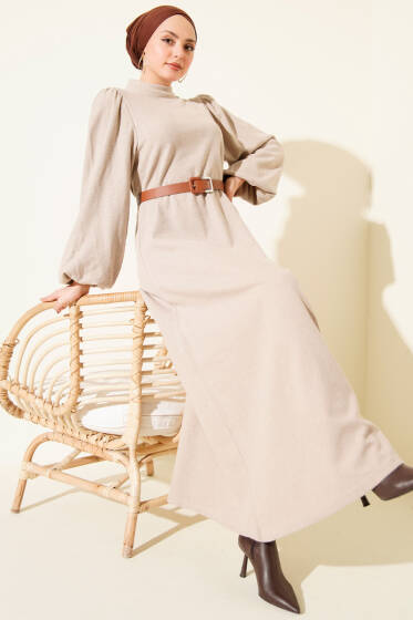 Balon Kol Kemerli Basic Elbise Bej - Elbise