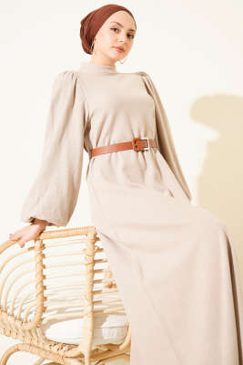 Balon Kol Kemerli Basic Elbise Bej - Elbise