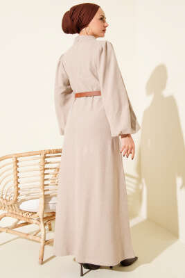 Balon Kol Kemerli Basic Elbise Bej - Elbise