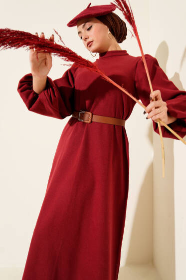 Balon Kol Kemerli Basic Elbise Bordo - Elbise