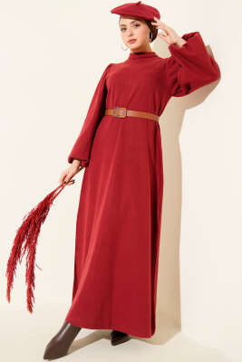 Balon Kol Kemerli Basic Elbise Bordo - Elbise