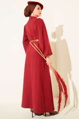 Balon Kol Kemerli Basic Elbise Bordo - Elbise