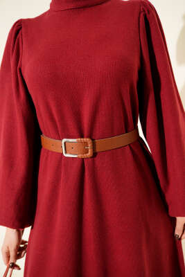 Balon Kol Kemerli Basic Elbise Bordo - Elbise