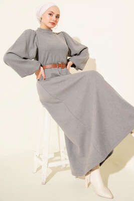 Balon Kol Kemerli Basic Elbise Gri - SAS