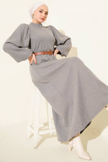 Balon Kol Kemerli Basic Elbise Gri - Elbise
