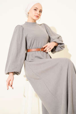 Balon Kol Kemerli Basic Elbise Gri - Elbise