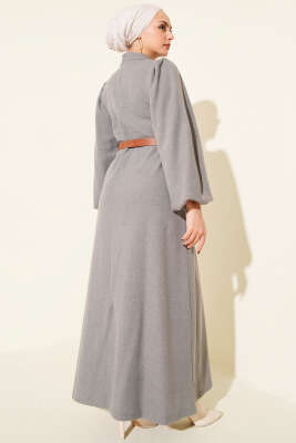 Balon Kol Kemerli Basic Elbise Gri - Elbise