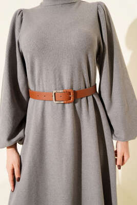 Balon Kol Kemerli Basic Elbise Gri - Elbise