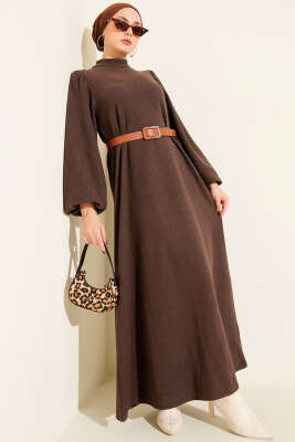 Balon Kol Kemerli Basic Elbise Kahve - SAS