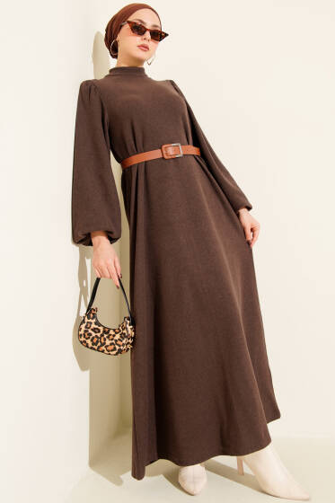 Balon Kol Kemerli Basic Elbise Kahve - Elbise