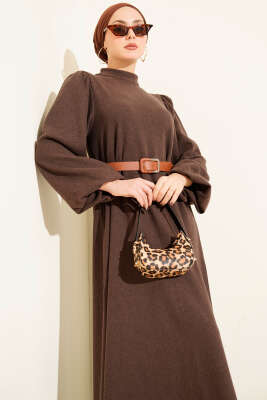 Balon Kol Kemerli Basic Elbise Kahve - Elbise