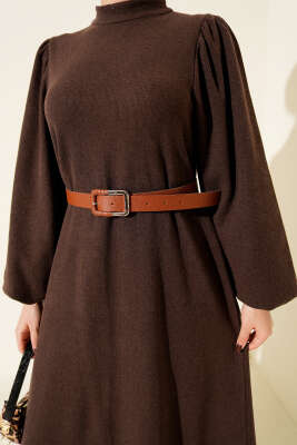 Balon Kol Kemerli Basic Elbise Kahve - Elbise