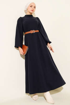 Balon Kol Kemerli Basic Elbise Lacivert - SAS