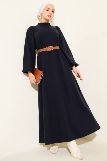 Balon Kol Kemerli Basic Elbise Lacivert - Elbise