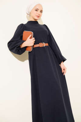 Balon Kol Kemerli Basic Elbise Lacivert - Elbise