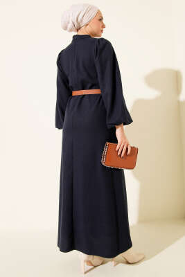 Balon Kol Kemerli Basic Elbise Lacivert - Elbise