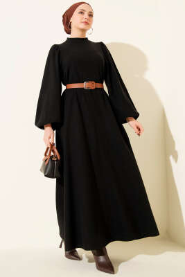 Balon Kol Kemerli Basic Elbise Siyah - SAS