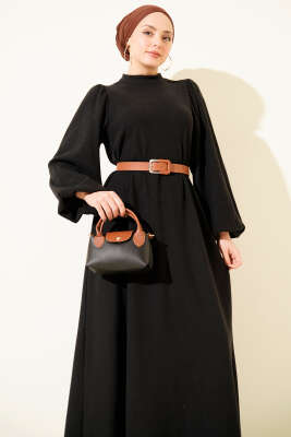 Balon Kol Kemerli Basic Elbise Siyah - SAS