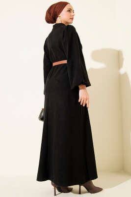 Balon Kol Kemerli Basic Elbise Siyah - Elbise