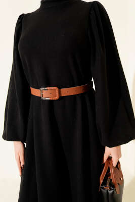 Balon Kol Kemerli Basic Elbise Siyah - Elbise