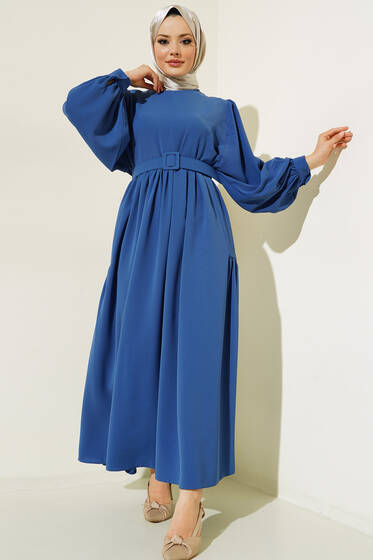 Balon Kol Kemerli Elbise İndigo - Tesettür Elbise