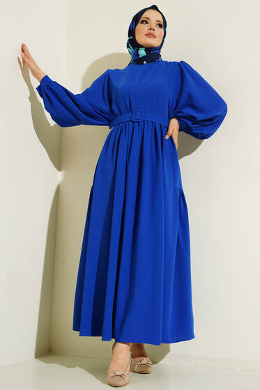 Balon Kol Kemerli Elbise Saks - Tesettür Elbise