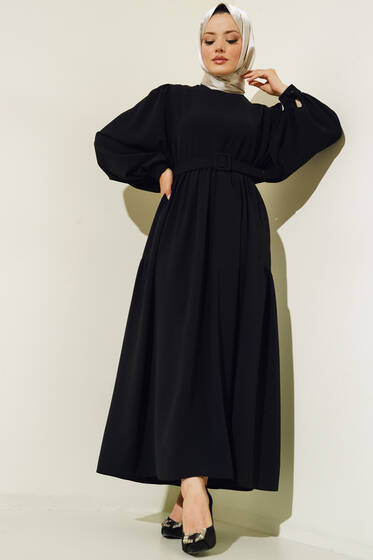 Balon Kol Kemerli Elbise Siyah - Tesettür Elbise
