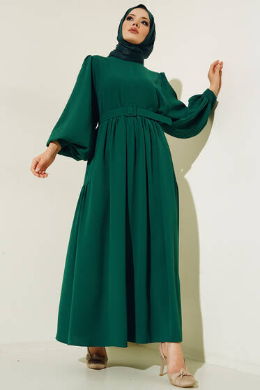 Balon Kol Kemerli Elbise Zümrüt Yeşil - Tesettür Elbise