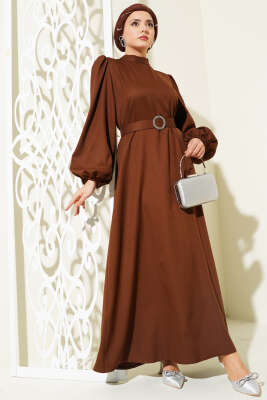 Balon Kol Kemerli Kloş Elbise Kahve - ARANLI TEKSTİL