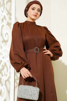 Balon Kol Kemerli Kloş Elbise Kahve - Tesettür Elbise
