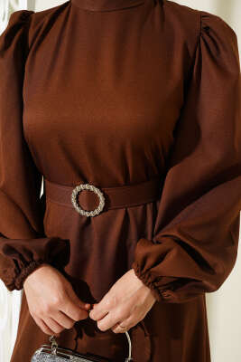 Balon Kol Kemerli Kloş Elbise Kahve - Tesettür Elbise