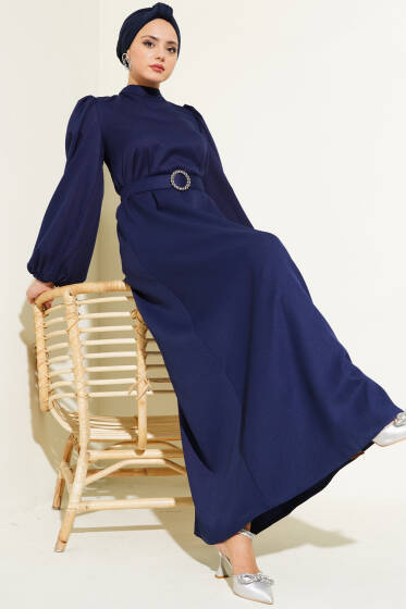 Balon Kol Kemerli Kloş Elbise Lacivert - Tesettür Elbise