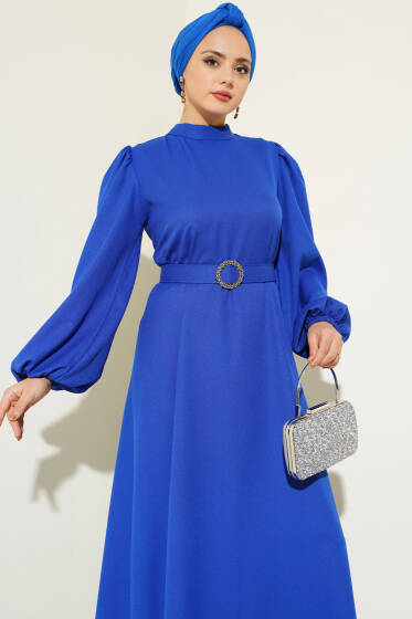 Balon Kol Kemerli Kloş Elbise Saks - Elbise