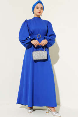 Balon Kol Kemerli Kloş Elbise Saks - Tesettür Elbise