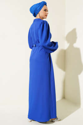 Balon Kol Kemerli Kloş Elbise Saks - Tesettür Elbise