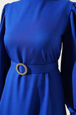 Balon Kol Kemerli Kloş Elbise Saks - Tesettür Elbise