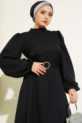 Balon Kol Kemerli Kloş Elbise Siyah - Tesettür Elbise