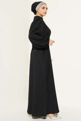 Balon Kol Kemerli Kloş Elbise Siyah - Tesettür Elbise