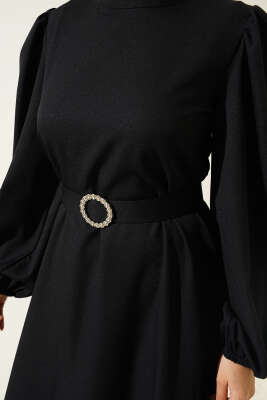 Balon Kol Kemerli Kloş Elbise Siyah - Tesettür Elbise