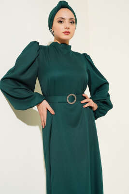 Balon Kol Kemerli Kloş Elbise Zümrüt - Tesettür Elbise
