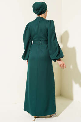 Balon Kol Kemerli Kloş Elbise Zümrüt - Tesettür Elbise